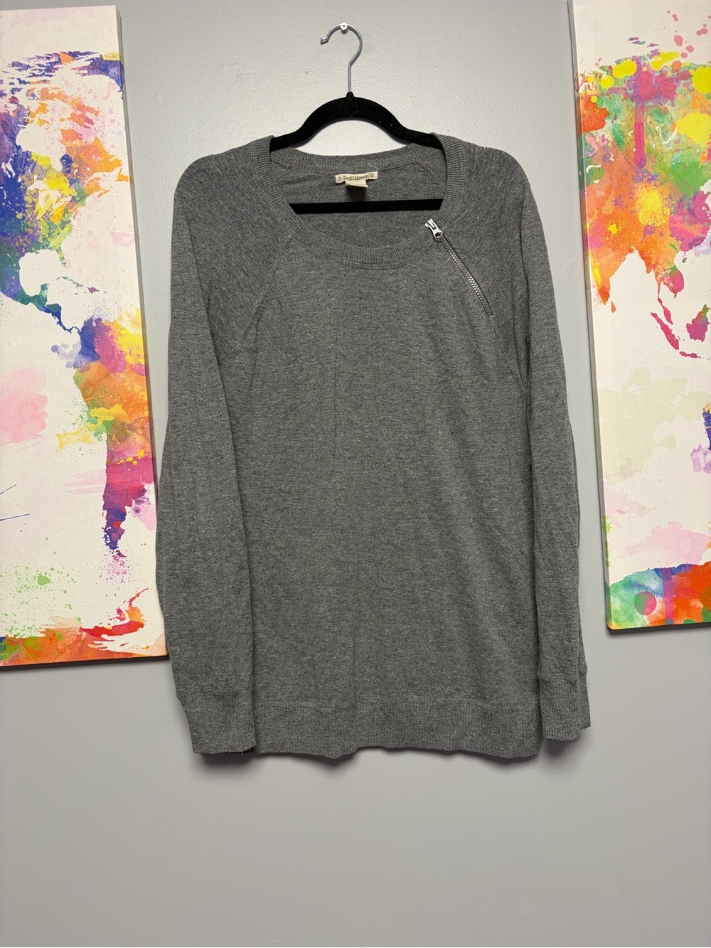 Gray Crewneck Sweater with Angled Zip Accent